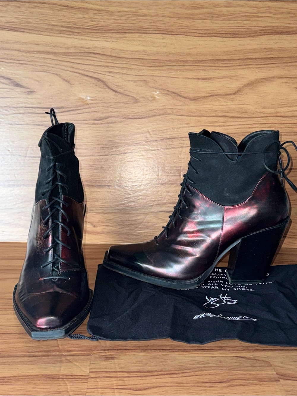John Fluevog Prince George high-heeled boots in red metallic. Size 9